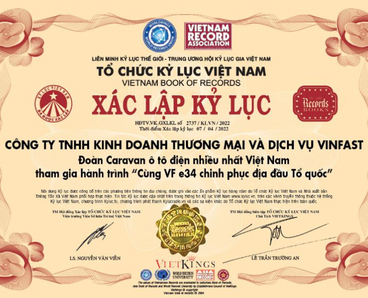 VinFast được trao kỷ lục "Đoàn caravan xe điện nhiều nhất Việt Nam" do Hội Kỷ lục giao chứng nhận.